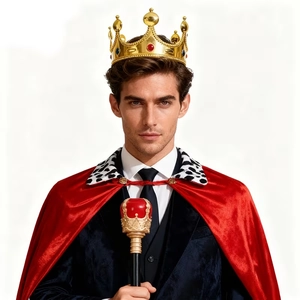 Detail of red velvet king cloak with leopard trim and golden crown accessories