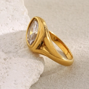 Vintage marquise-cut zircon ring in 18K gold plated stainless steel shown from side angle