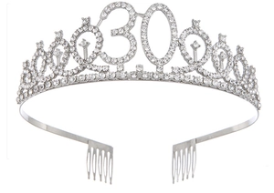 Detail view of silver rhinestone birthday crown with number 30 and side hair combs