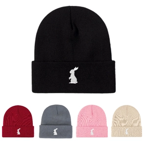 Unisex Acrylic Knitted Beanie Hat Warm Winter Folded Cuff Skull Cap Casual Rabbit Embroidery Minimalist Outdoor Headwear