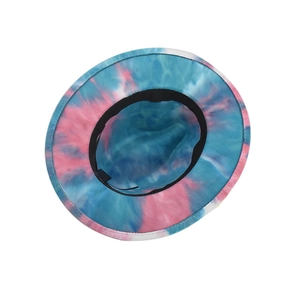 Detail view of the tie-dye felt hat interior showing black sweatband and stitching
