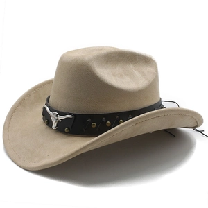 Detailed close-up of khaki faux suede cowboy hat with silver bull head metal buckle