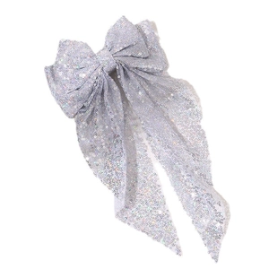 Sparkly silver sequin oversized bow hair clip with long streamers for elegant ponytails