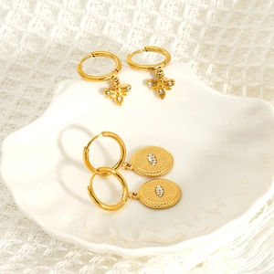 18K gold plated stainless steel hoop earrings with bee and evil eye charms
