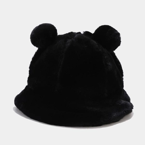 Close-up of soft black plush bucket hat with cute bear ears for winter warmth