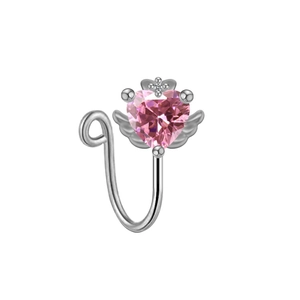 Non-pierced silver heart nose ring with pink gemstone and angel wings on white background