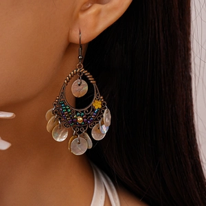 Bohemian retro bronze teardrop earrings with colorful beads and pearl shell pendants