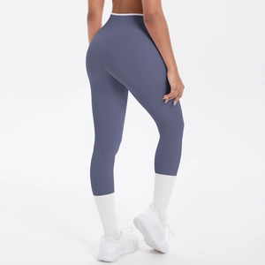Détails du legging de yoga bleu-gris à taille haute avec ceinture de compression