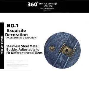 Detailed view of adjustable copper buckle on denim newsboy cap for size adjustment