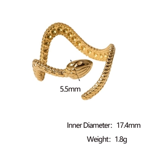 Detail shot of golden snake ring showing dimensions 17.4mm diameter and 1.8g weight