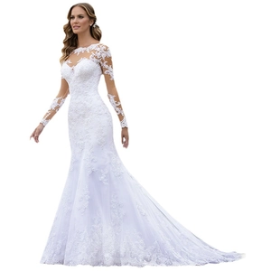 Elegant white long sleeve lace mermaid wedding dress with illusion neckline and trail