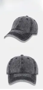 Close-up of washed denim baseball cap featuring distressed fabric and stitching details