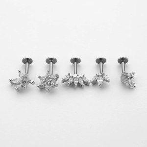 Detailed set of 5 silver stainless steel cartilage studs with clear cubic zirconia shapes