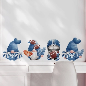 Close-up of four American football gnomes wall stickers in blue and white on a desk wall