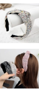 Detail of tweed knotted headbands showing woven texture and padded wide frame design
