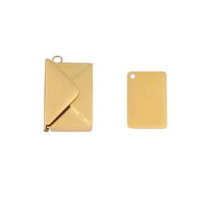 Detailed view of an openable gold envelope pendant with an inner card for DIY engraving