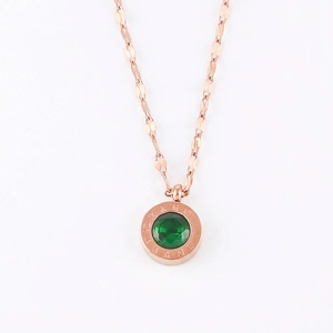Collier Pendentif en Acier Titane Or Rose Rétro Avec Verre Vert Émeraude Chiffres Romains Charme Rond Bijoux Femme