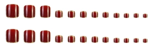 Detailed set of 24 red press-on toenails with elegant gold glitter edges on white background