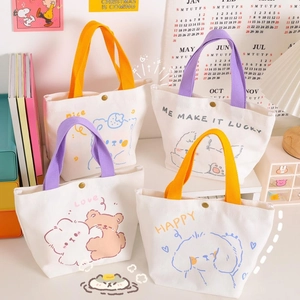 Mini Canvas Handbag Cute Cartoon Bear Rabbit Reusable Shopping Storage Bag Portable Travel Gift Pouch With Metal Button