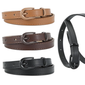 Set of minimalist slim leather belts for women in black and brown with oval metal buckles