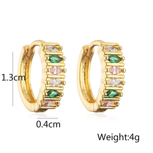 Detail view of gold earrings with pink and green stones including dimensions and weight