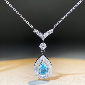 925 Sterling Silver Teardrop Aquamarine Pendant Necklace Elegant V Shape Rhinestone Chain For Women Jewelry Gift