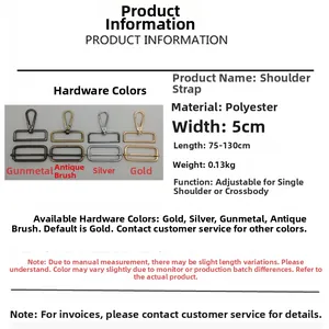 Detail of adjustable 5cm wide jacquard bag strap with metal hardware specifications