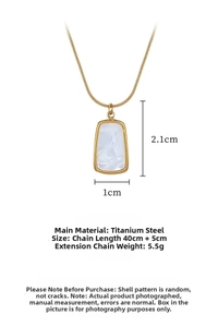 Detailed view of square white shell pendant on a 40cm plus 5cm gold titanium steel chain