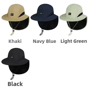 Detail showing outdoor sun hats in khaki, navy, green and black with neck protection flaps
