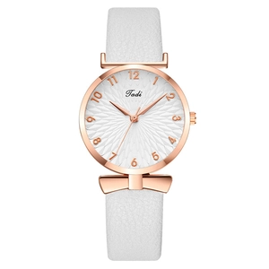 Fashion women's quartz watch with white leather strap and rose gold bow detail
