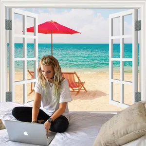 3D window view tapestry showing tropical beach scenery with red beach umbrellas and blue ocean