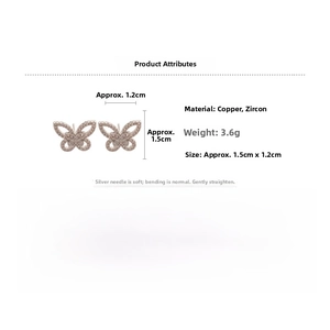 Detailed view of butterfly stud earrings showing 1.5cm by 1.2cm dimensions and copper material