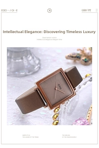 Detail of square rose gold watch with brown leather strap and elegant dial display
