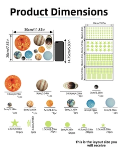 Size chart for luminous solar system wall stickers showing planet and star dimensions