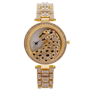 Women Quartz Watch Alloy Rhinestone Leopard Head Circular Dial Fashion Jewelry Buckle Luxury Cheetah Pattern Analog