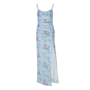 Floral backless slit maxi dress in light blue with purple print and pleated details