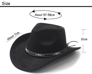 Detaillierte Größentabelle für Vintage-Cowboyhut mit Krempen- und Höhenmaßen
