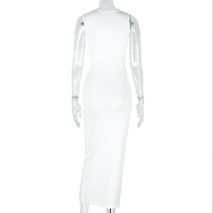 Close-up back view of white sleeveless bodycon maxi dress with pleated metal detail