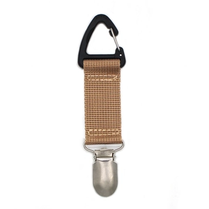 Tactical style glove clip with brown nylon webbing and D-ring for outdoor travel