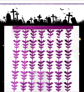 Detail of purple foil bat fringe curtain for spooky Halloween party wall decorations