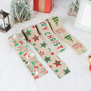 Christmas Burlap Ribbon With Wired Edge Printed Stocking Star DIY Crafts Gift Wrap Holiday Tree Decoration Rustic