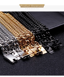 Detailed view of Cuban link chains in silver, gold, and black with secure folding clasps