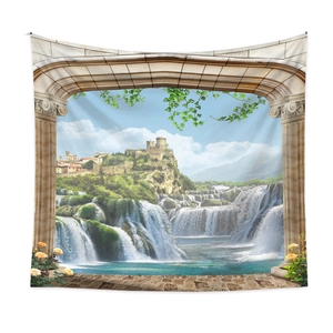 Detailed macro view of a landscape tapestry featuring a stone arch, waterfall, and castle