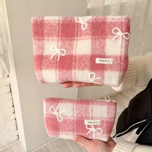 Pink plaid plush makeup bag set with white bow embroidery and large capacity storage