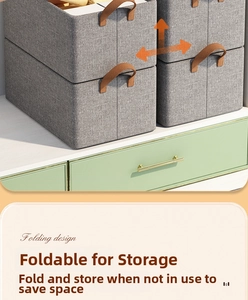 Close-up of gray fabric storage box with brown handle showing folding structure