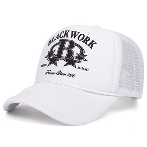 Detail of white foam print trucker hat featuring American vintage blackwork star graphics