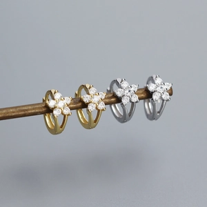 Sparkling S925 silver flower hoop earrings in gold and silver finish with CZ stones