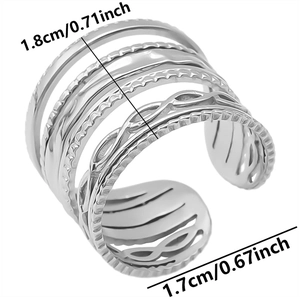 Detailed view of wide multi-layer stainless steel ring with measurement specs