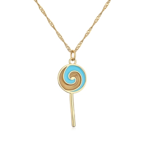 Detail of 18K gold lollipop pendant with blue swirl enamel on a fine water wave chain