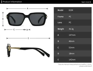 Detailed size chart for 6104 aviator sunglasses showing frame dimensions and PC material